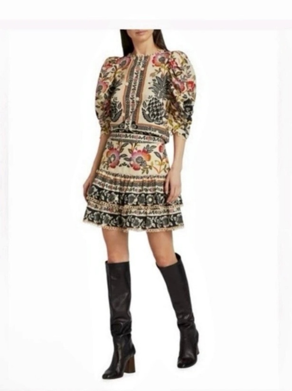Farm Rio Flora Tile Puff-Sleeve Floral Mini Skirt Set